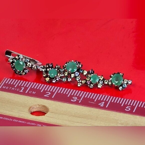 925 Sterling Silver Earrings 4.5cm with Natural Emerald 4mm & Sapphire Gemstone. - Picture 8 of 10